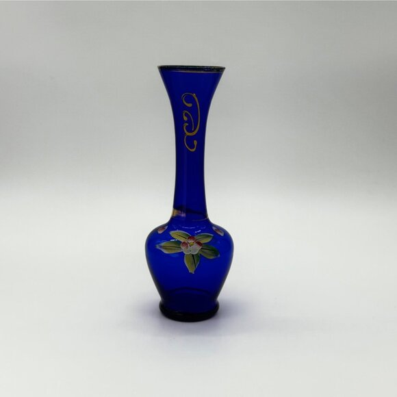 Vintage Bohemian Cobalt Blue Bud Vase Gold Gilt, Hand Painted 8" tall - Picture 11 of 11